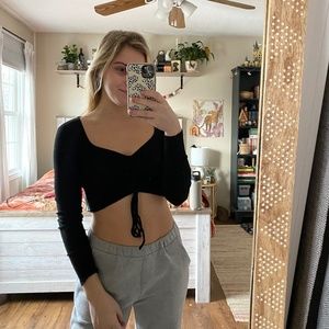 ZARA Black Ribbed Long Sleeve Crop Runched Top